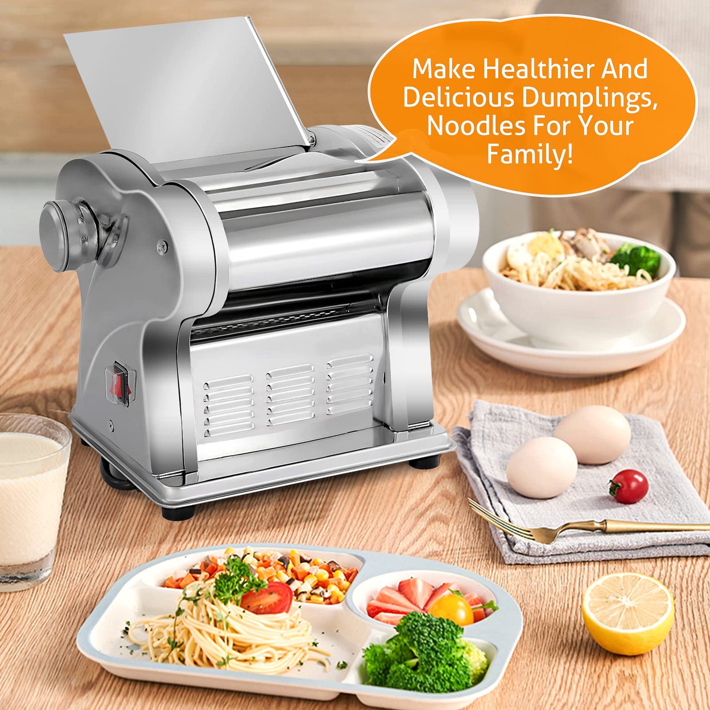 WICHEMI Electric Pasta Maker Machine Pasta Dough Spaghetti Roller Noodle Pressing Machine Stainless Steel 135W for Home Family Use (1.5mm flat noodle+4mm flat noodle)