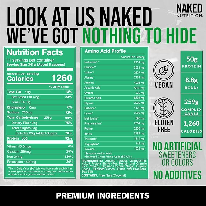 NAKED Vegan Mass - Double Chocolate Weight Gainer - 1,260 Calories, 50G Protein, Nothing Artificial, All Natural Chocolate Protein Powder, Non-GMO, Soy & Gluten Free - 8LB Bulk - 11 Servings