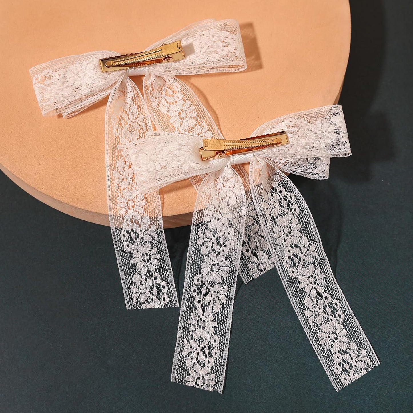 Skiennix White Lace Tulle Hair Bows - Long Tail Ribbons & Tassel Barrettes for Women