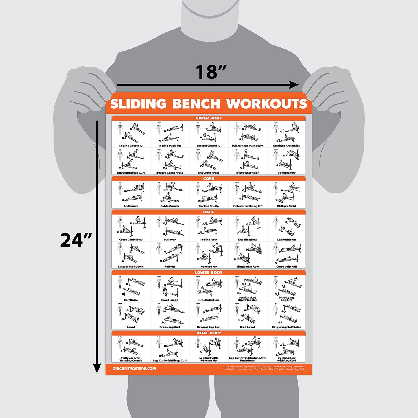 QuickFit 2 Pack - Sliding Bench Workouts & Bodyweight Exercise Poster Set - Compatible with Total Gym & Weider Ultimate Body Works (Laminated, 18" x 24")