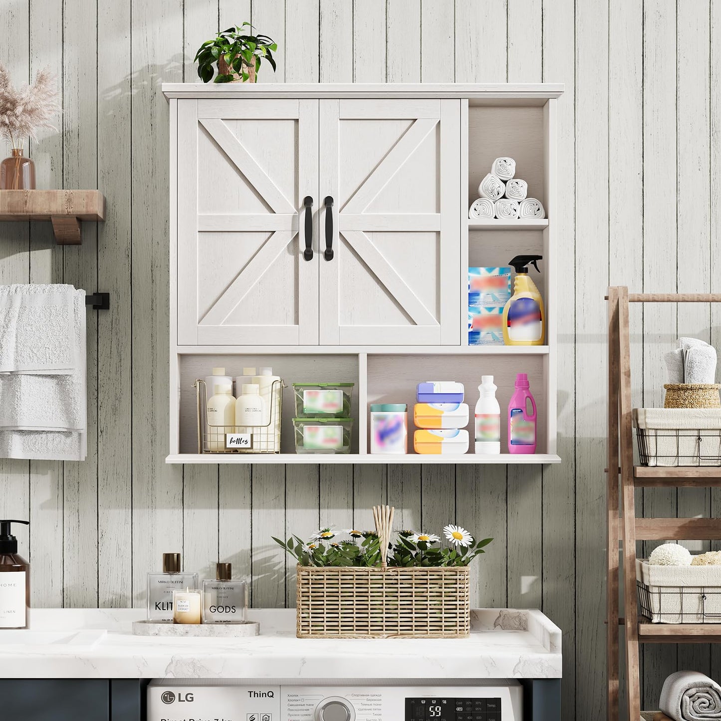 Vabches Bathroom Wall Cabinet, Farmhouse Medicine Cabinet with Double Barn Door and Adjustable Wood Shelf, Over The Toilet Storage Cabinet for Wall Mounted for Bathroom Laundry Room Kitchen (White)