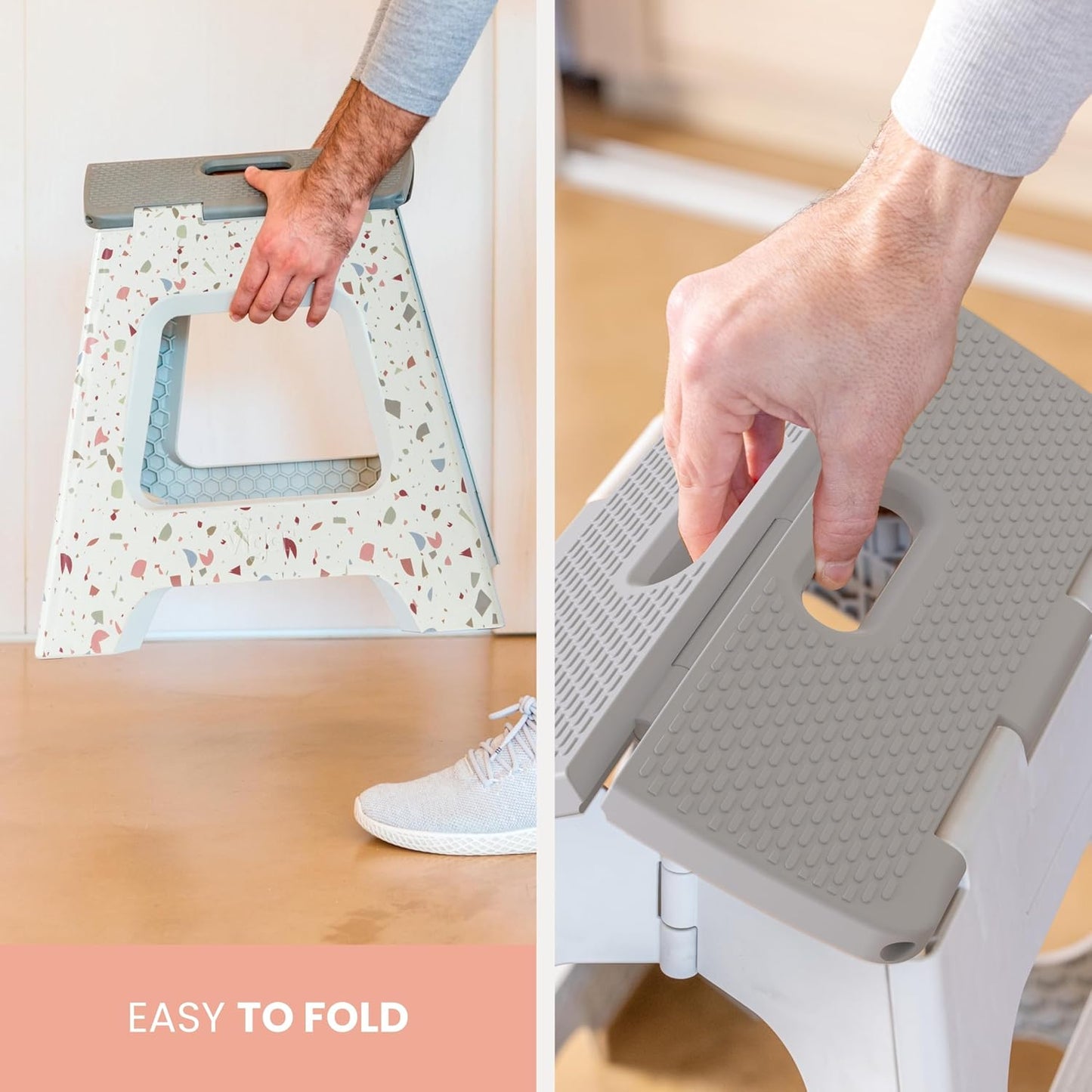 Vigar Foldable Step Stool - Lightweight Non-Slip Design for Adults | 12.5-Inch Grey Terrazzo Pattern, Supports 330 lbs