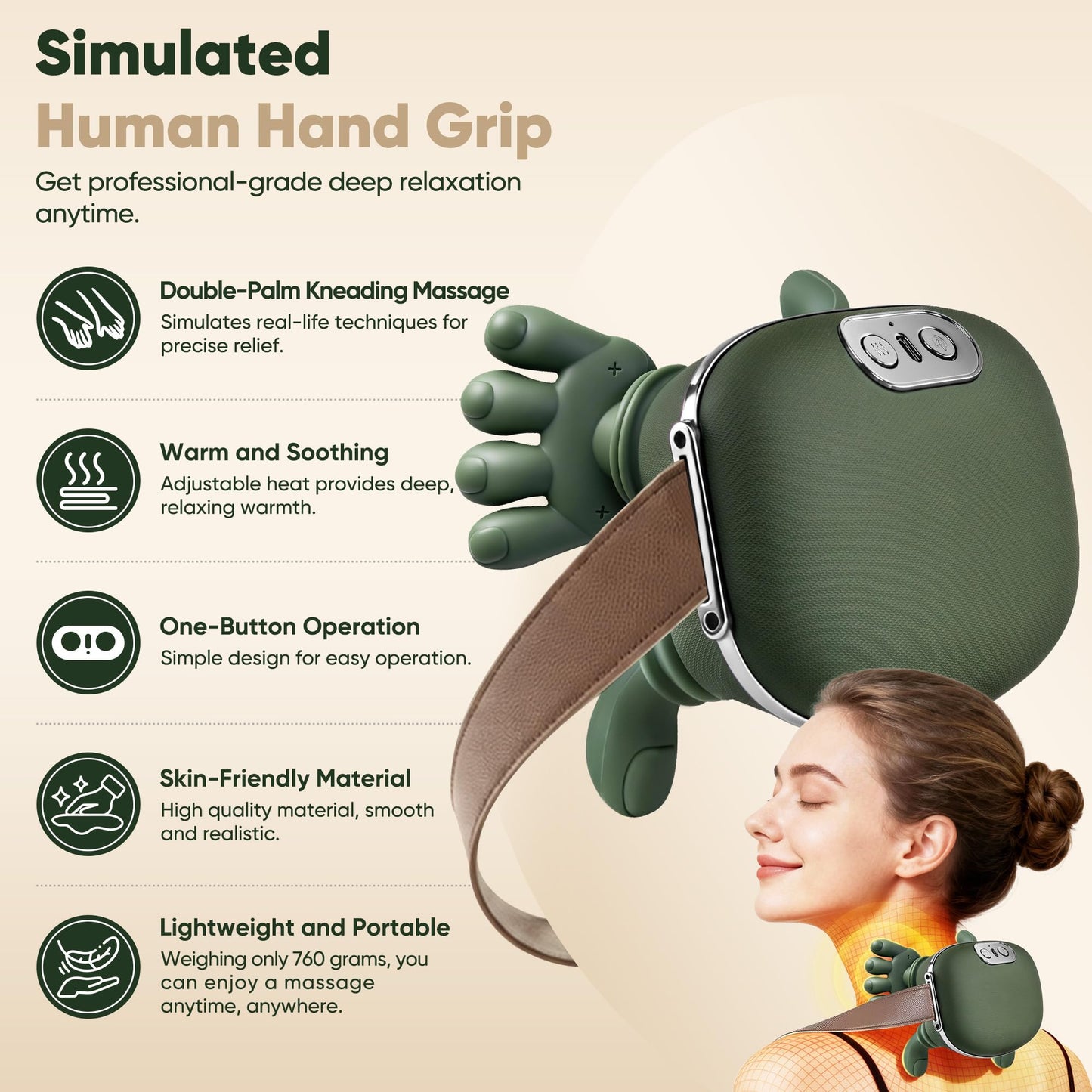 KAXLIDEN Shoulder and Neck Massager, Bionic Heated Massager, Neck Massager with Fingers, 4D Kneading Massage, Simulates a Real Palm Massage for Comfort, Relax Muscle Tension (Green)