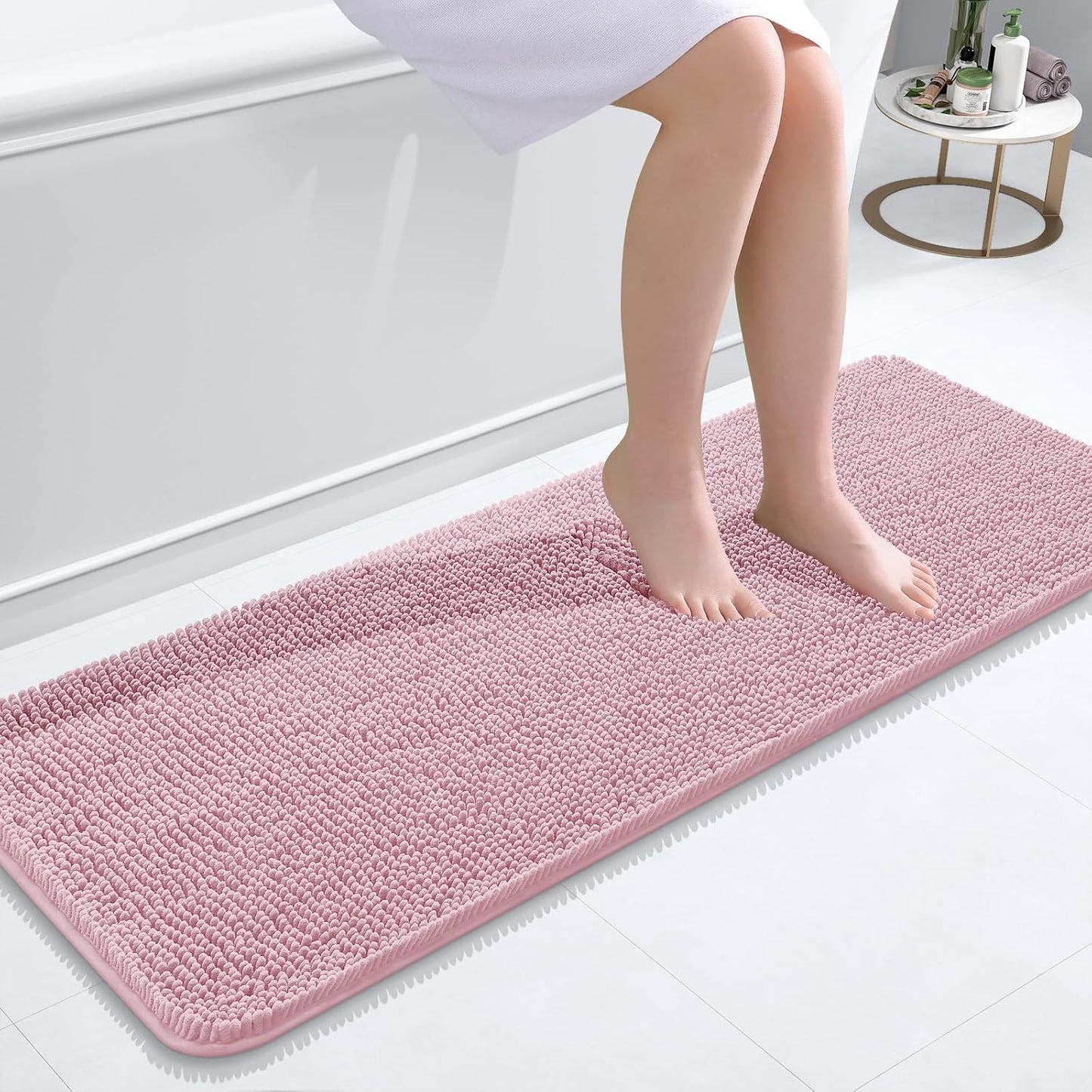 OLANLY Bathroom Runner Rugs - Soft Absorbent Chenille Bath Mat | Quick Dry, Machine Washable, 47x17, Dusty Rose