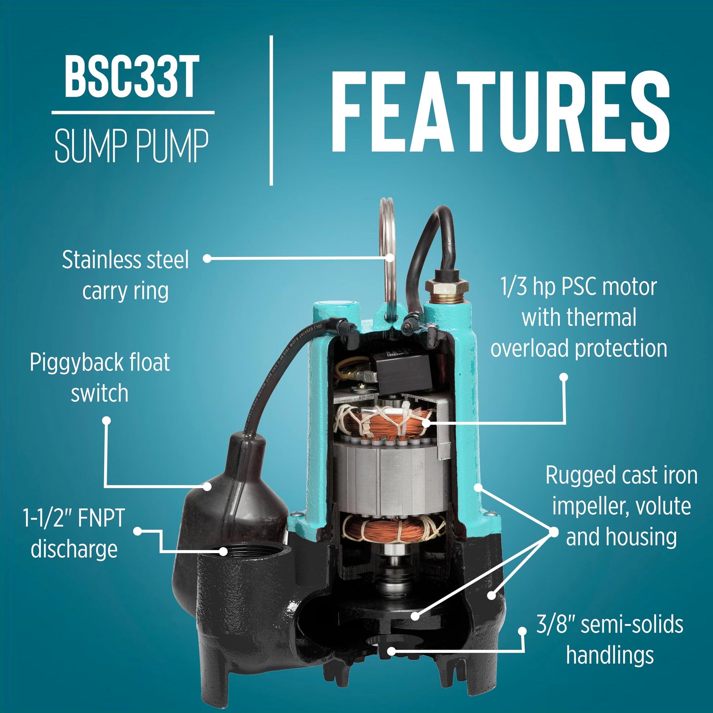 Little Giant BSC33T 1/3 HP, 115 Volt, 3000 GPH Automatic Submersible Cast Iron Sump/Effluent Pump with Piggy-back Tethered Float Switch and 10-Ft. Cord, Blue, 506255