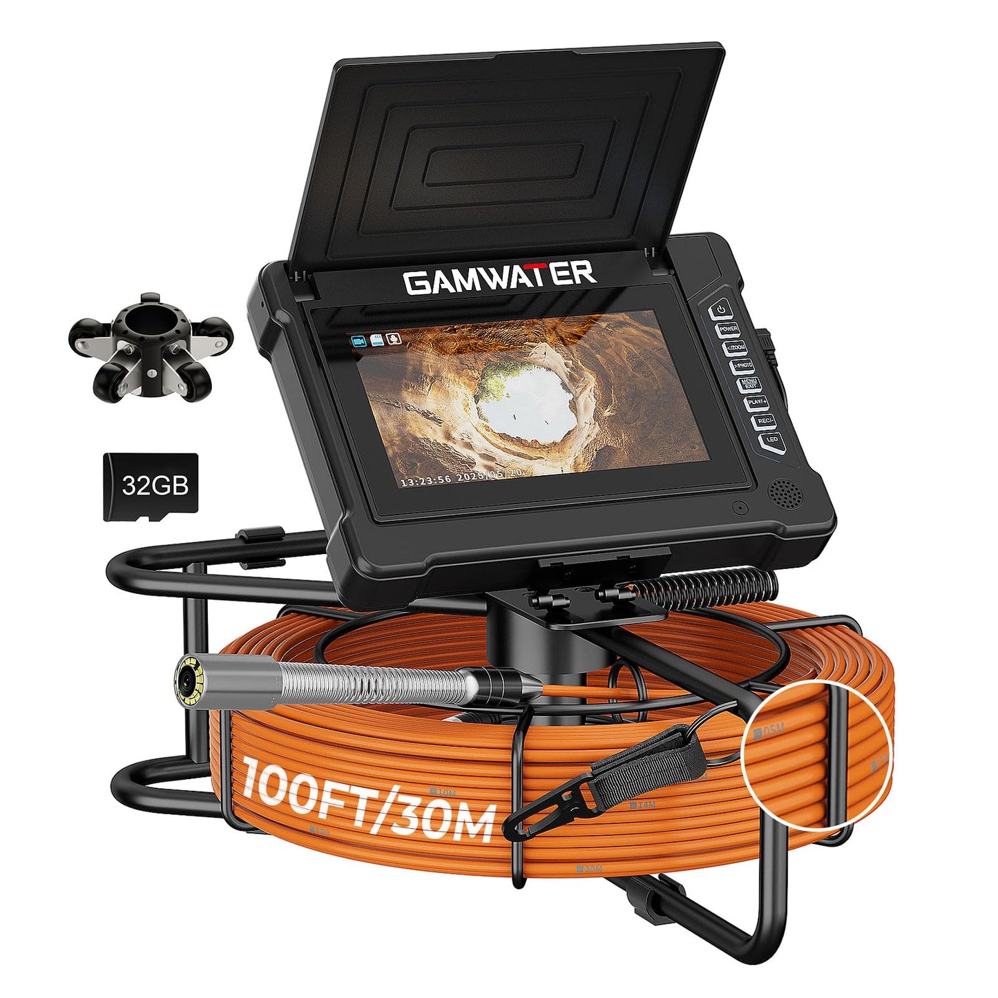 Sewer Camera 100FT/30M 23mm Pipe Inspection Camera DVR & Audio Recorder with 7" IPS Screen, Plumbing Snake Borescope 12 LEDs HD 1000TVL, Included 32GB Card