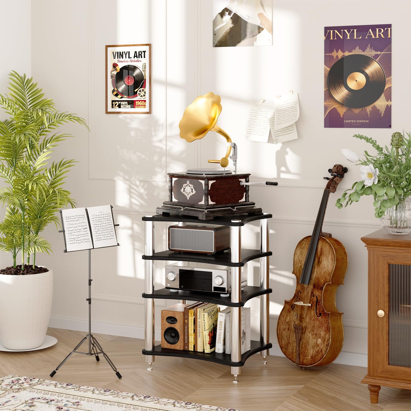 SQXLXDD 4 Tier Record Player Stand Media Cabinet, Corner Audio-Video Shelving for Entertainment, TV Stereo Stand Network Server Rack, Stereo Cabinet Media Shelf for Home Game Console DVD Player