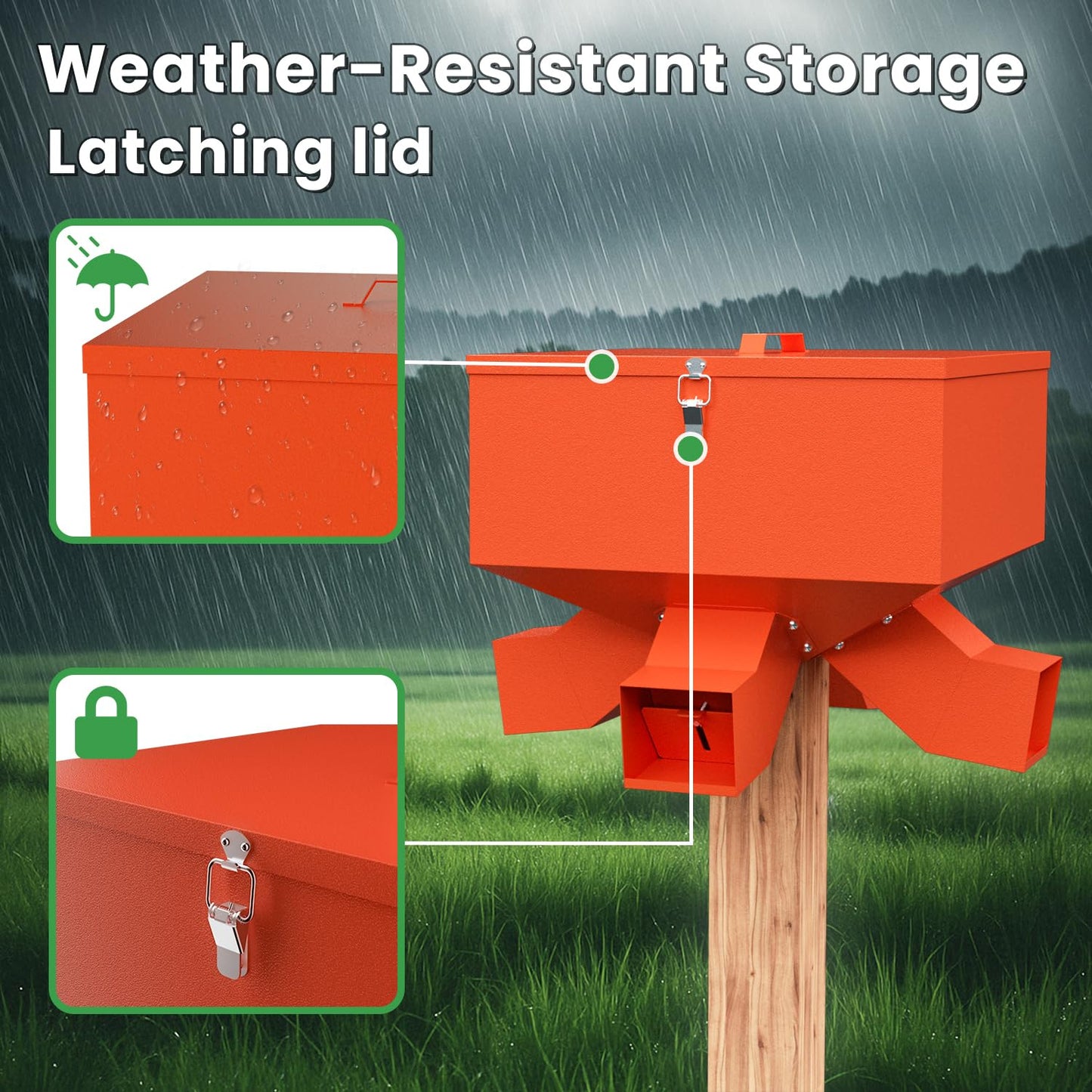 Portable 80LB Gravity Deer Feeder, Heavy Duty Metal Wildlife Feeder with 4 Feeding Ports, Weatherproof for Hunting & Backyard Game