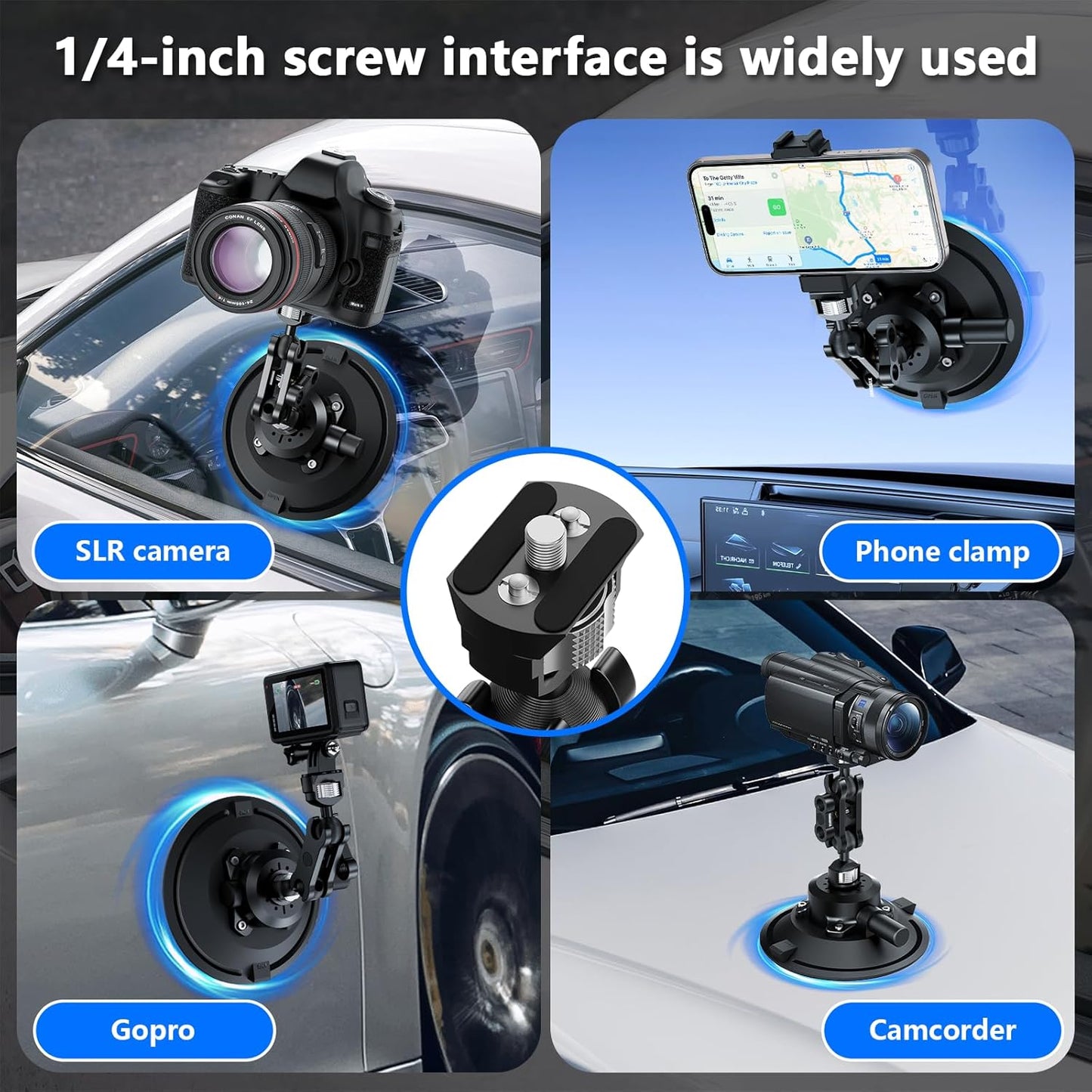 CAMEDAFLX 6" 1/4",1/8" Camera Suction Cup Mount with Ball Head Magic Arm,Quick Release Metal Vacuum Suction Cup Mount