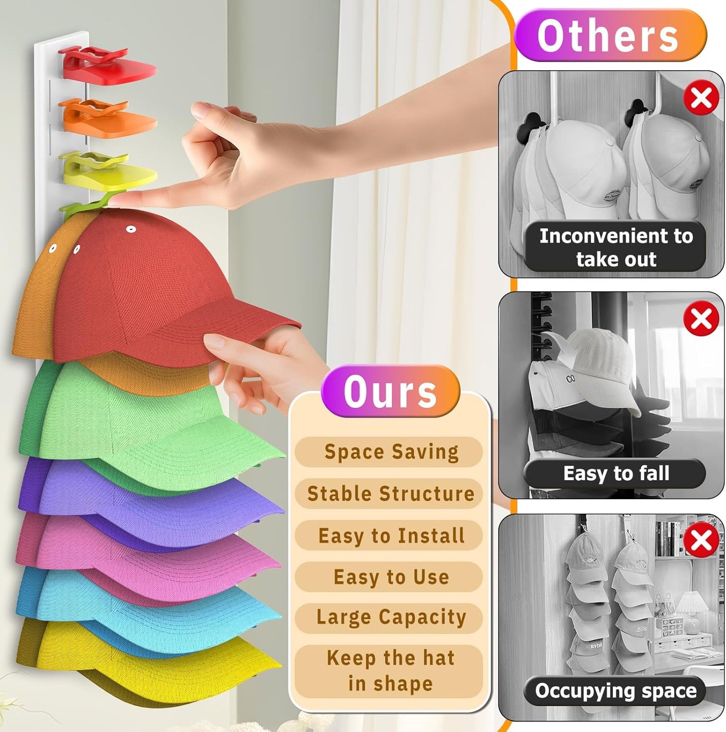 Volnamal Hat Organizer - 2 Pack Baseball Cap Rack Holds Up to 40 Hats | Space-Saving Wall Storage (White & Color)