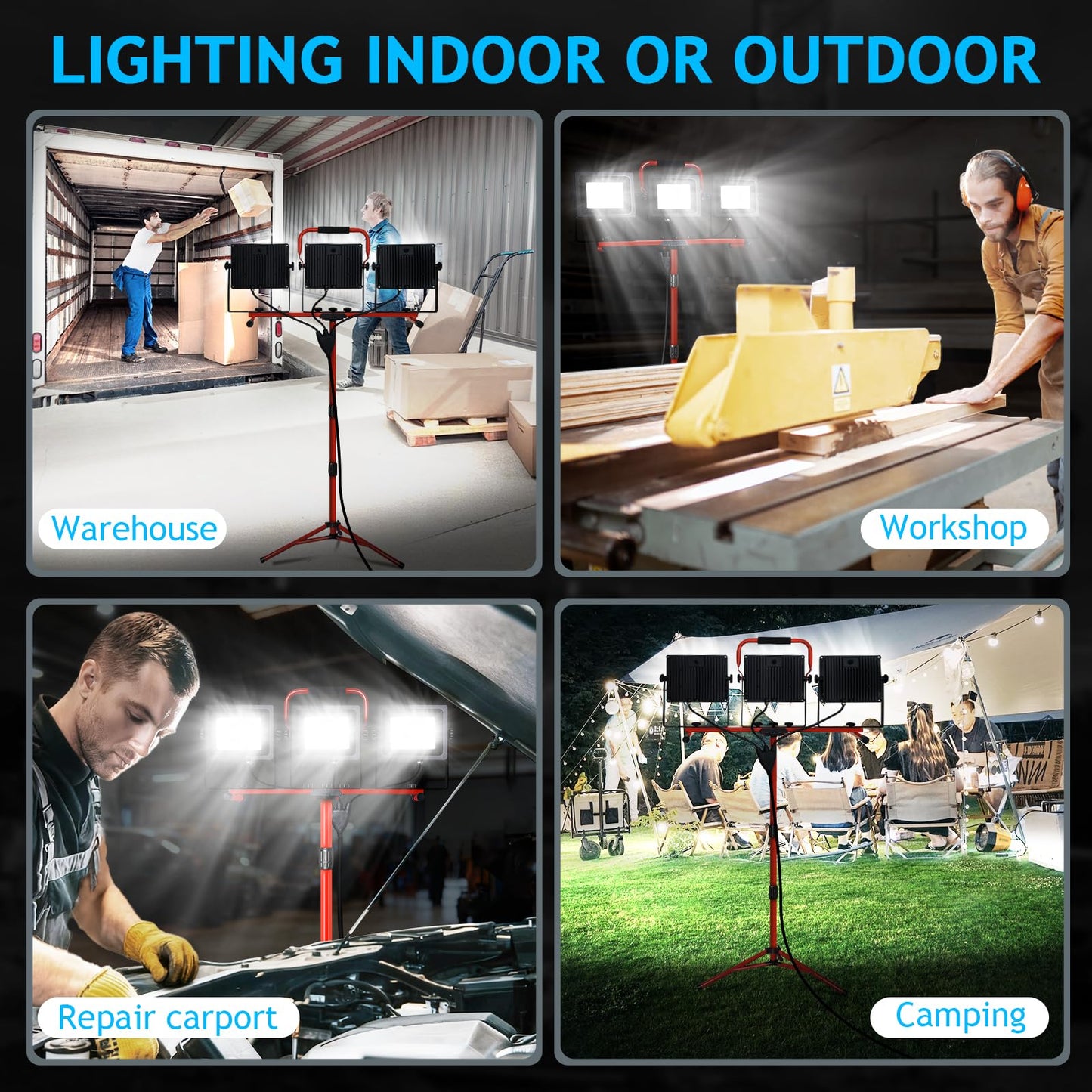 Juyace 2-Pack 150W LED Work Light with Tripod Stand, 15000LM Dual Head Flood Light, IP65 Waterproof Portable Job Site Lamp, 5000K with Independent Switches for Garage, Workshop, Construction, Camping