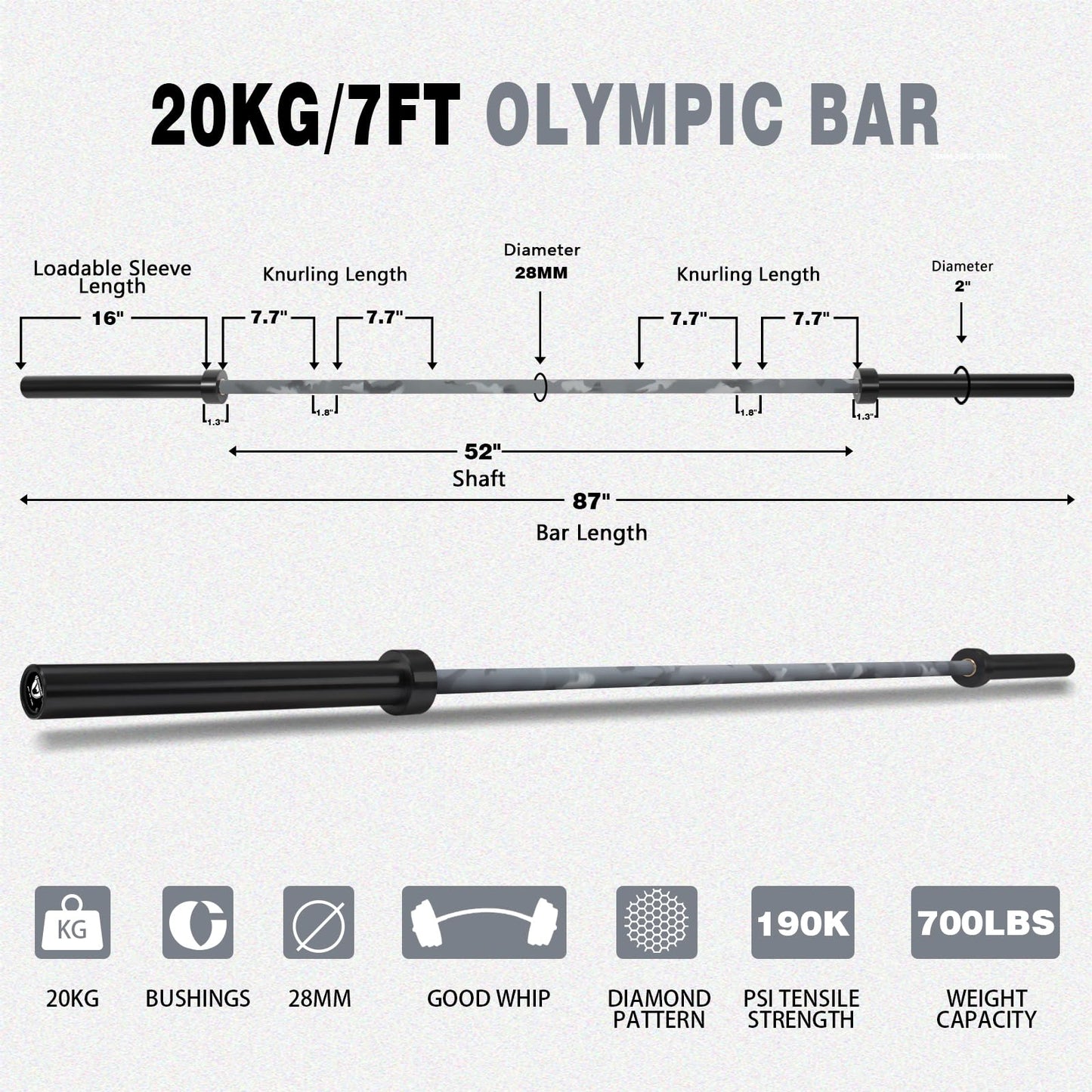 Huisheng 7ft Olympic Barbell for Strength Training and Olympic Weightlifting, 500 700 1000LBS Capacity Available, 2 Inch Bar for Squats, Home Gym Fitness Equipment, Bench Press, Deadlift,Powerlifting
