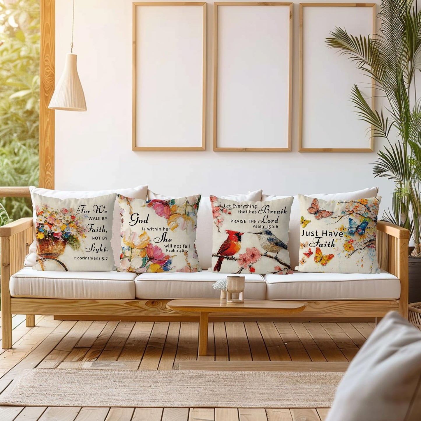 QIONG MENG Jesus Christian Pillow Covers 18 x 18 Inch Set of 4 Cardinal Butterfly Spring Summer Throw Pillowcase Floral Religious Decorative Cushion Case for Home Sofa Farmhouse Decorations