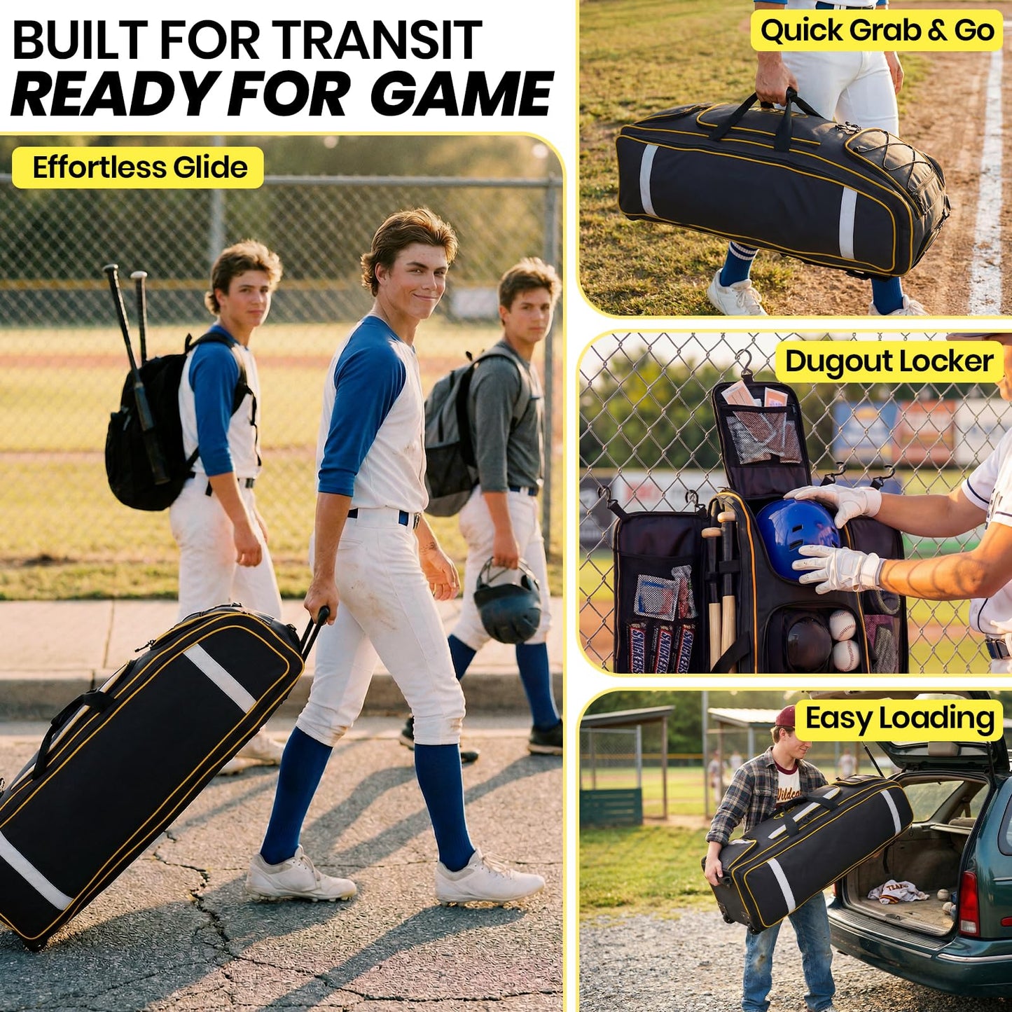 Fanwoli 100L Rolling Catchers Gear Bag - Large Baseball & Softball Duffle with 5 Fence Hooks, Locker-Style Organizer, Holds 8 Bats, Vented Shoe Zone - Essential Pro Edition (Black)
