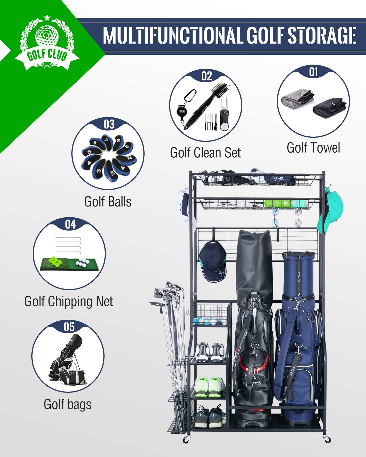 Mythinglogic Golf Club Storage Rack - 2 Golf Bags Stand and Golfing Equipment Accessories Storage Organizer with 4 Removable Hooks, Metal Black Golf Rack for Garage