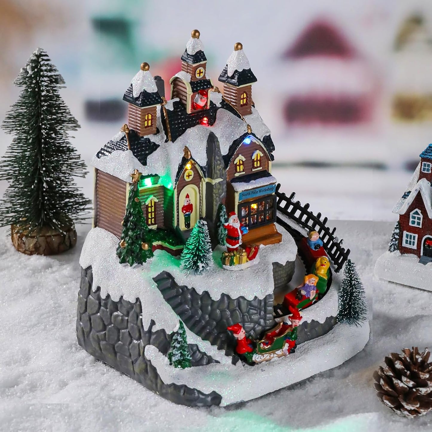 Wonder Garden Christmas Village Houses - Colorful Musical Snow Village Figurine with LED Lights & Train
