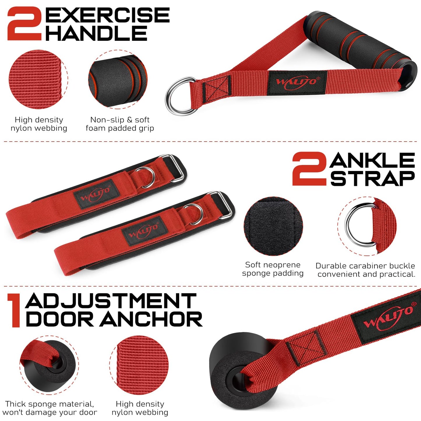 WALITO Resistance Bands Set - Exercise Bands with Handles, Door Anchor, Legs Ankle Straps, for Heavy Resistance Training, Physical Therapy, Muscle Training, Yoga, Home Workouts, Gym (Red 150Lbs)