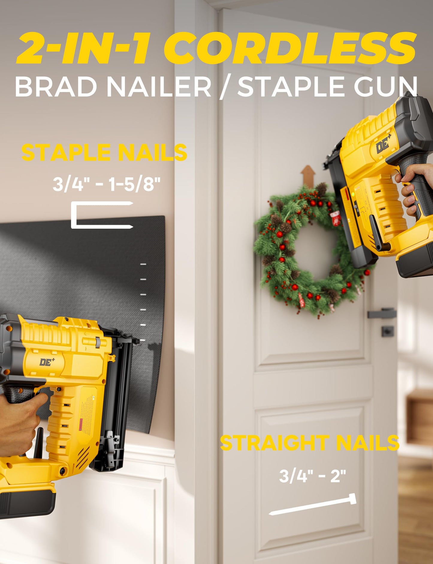 DeForce 18GA Cordless Brad Nailer, 2" Nail Gun for Dewalt 20V Max Battery, 2 IN 1 Electric Stapler, 2026 Upgraded Tool-Free Jam Release, 2 Modes, Adjustable Depth, 1000pcs Nails(No Battery), Yellow