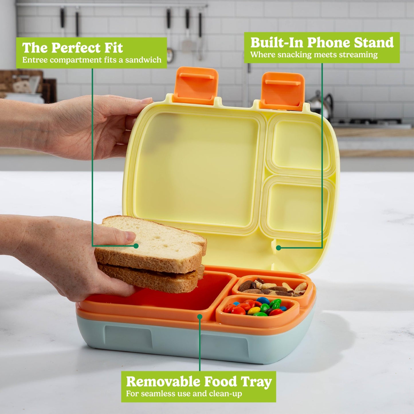 Tasty Bento Style Lunch Box, 4 Compartments with Built-In Phone Stand, BPA-Free Plastic, Portable Food Storage Container, Aqua
