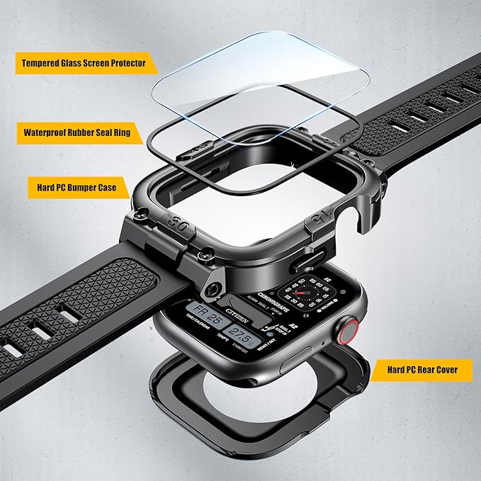 Dsytom Waterproof Case with Band Compatible for Apple Watch Band 46mm 45mm 44mm 42mm(S11/10) 41mm 40mm for Men,Rugged Smartwatch Strap with Built-in Tempered Glass Screen Protector for iWatch Series 11/10/9/8/7/6/5/4/SE