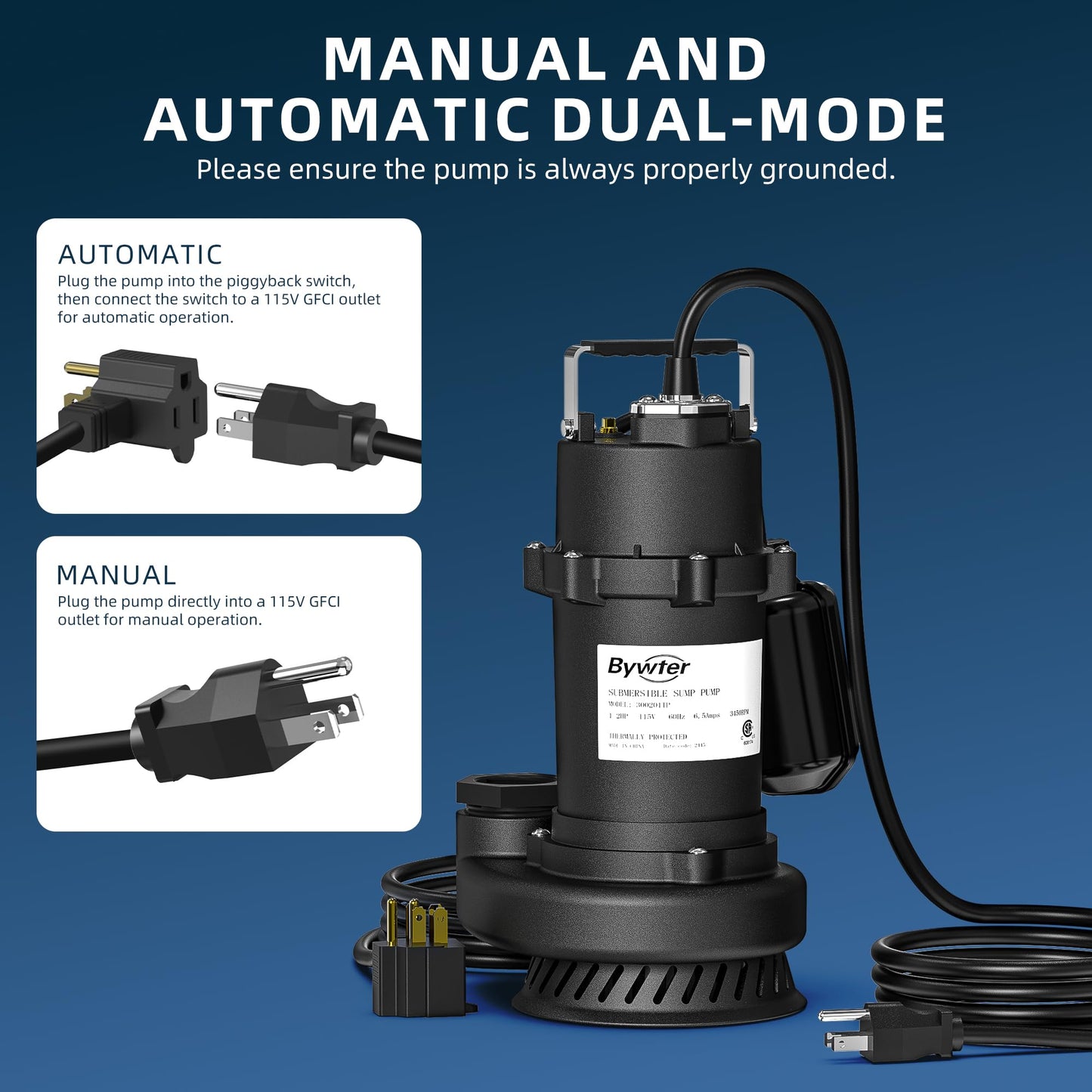 BYWTER 1/2 HP Sump Pump, 4200 GPH High Flow, 26 FT Lift, 115V Cast Iron Sewage Pump with Automatic Float Switch and Manual Control, Heavy Duty Sewage/Effluent Pump for Basement, 10 FT Power Cord