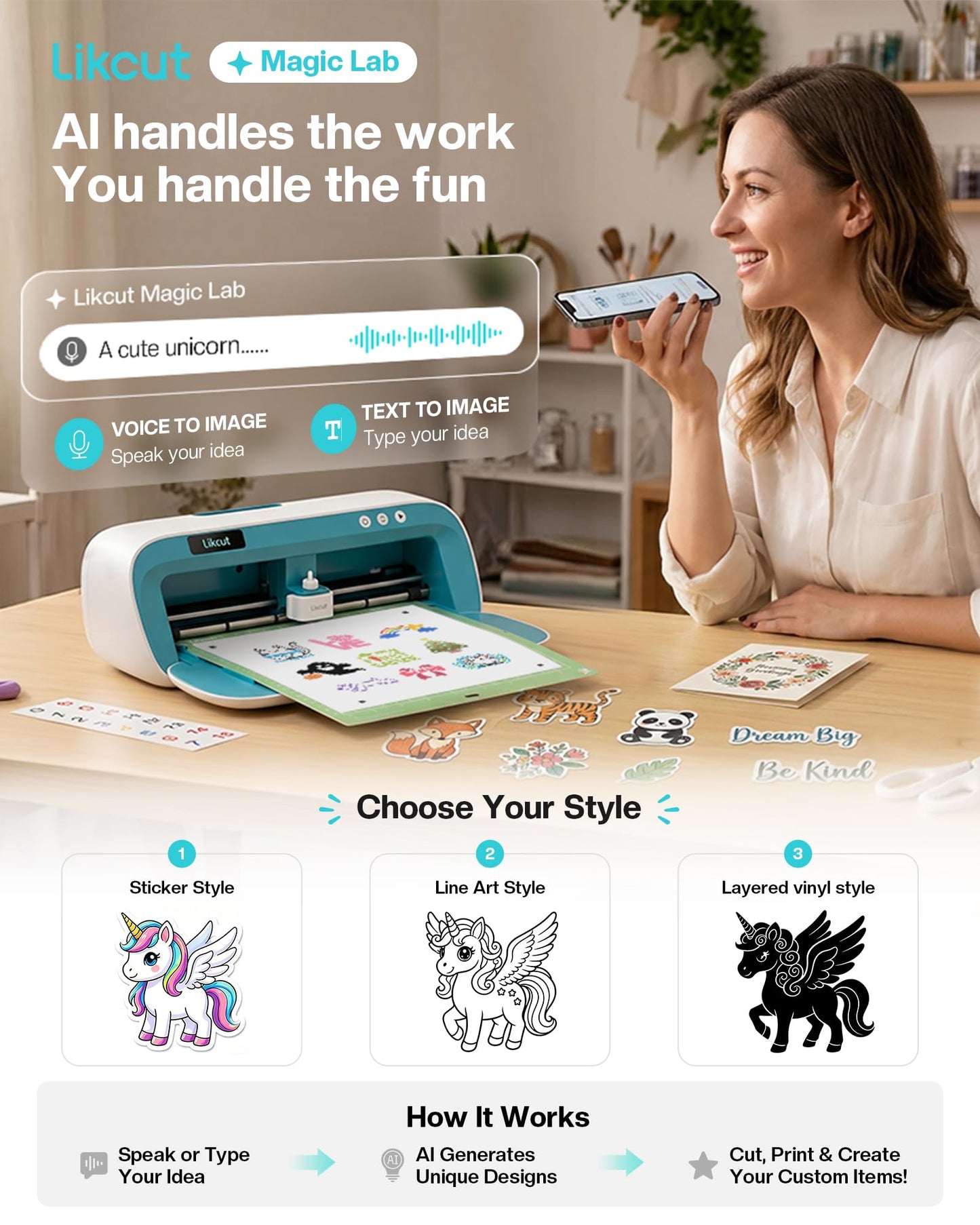 Likcut S41 Vinyl Cutter Machine with Print Then Cut - AI Image Generation Sticker Cutter and Maker Machine for Room Decor, HTV, Cardstock and Custom Stickers, Crafts for Adults