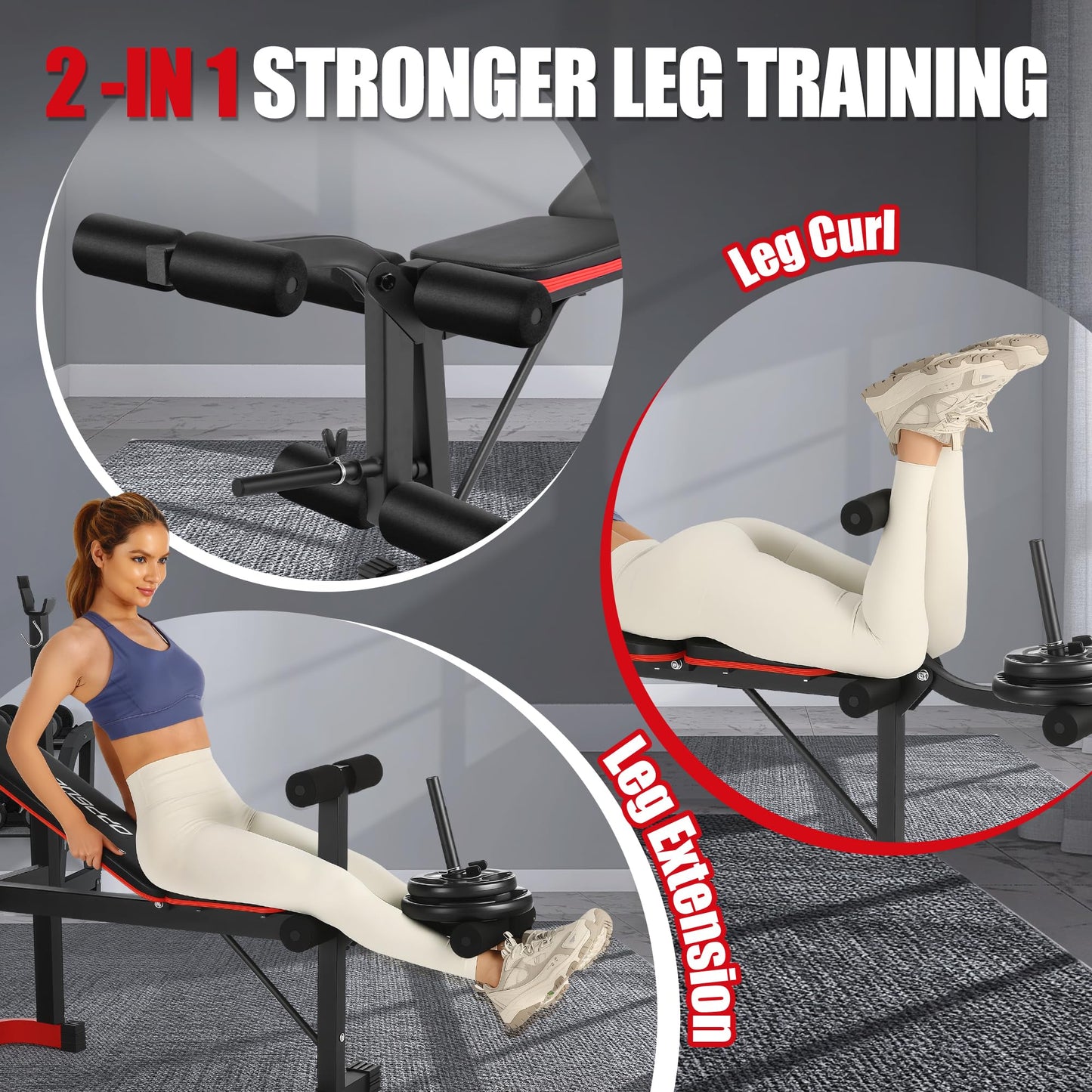 OPPSDECOR Adjustable Weight Bench with Leg Extension, Leg Curl & Preacher Curl, Foldable Workout Bench Set with Rack for Home Gym Full Body Strength Training