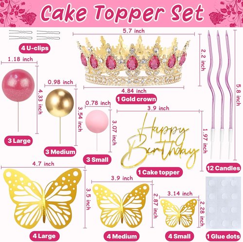 AMZVALU Crown Cake Topper - Rose Pink Happy Birthday Decoration with 3D Butterflies & Candles | Ideal for Princess Parties