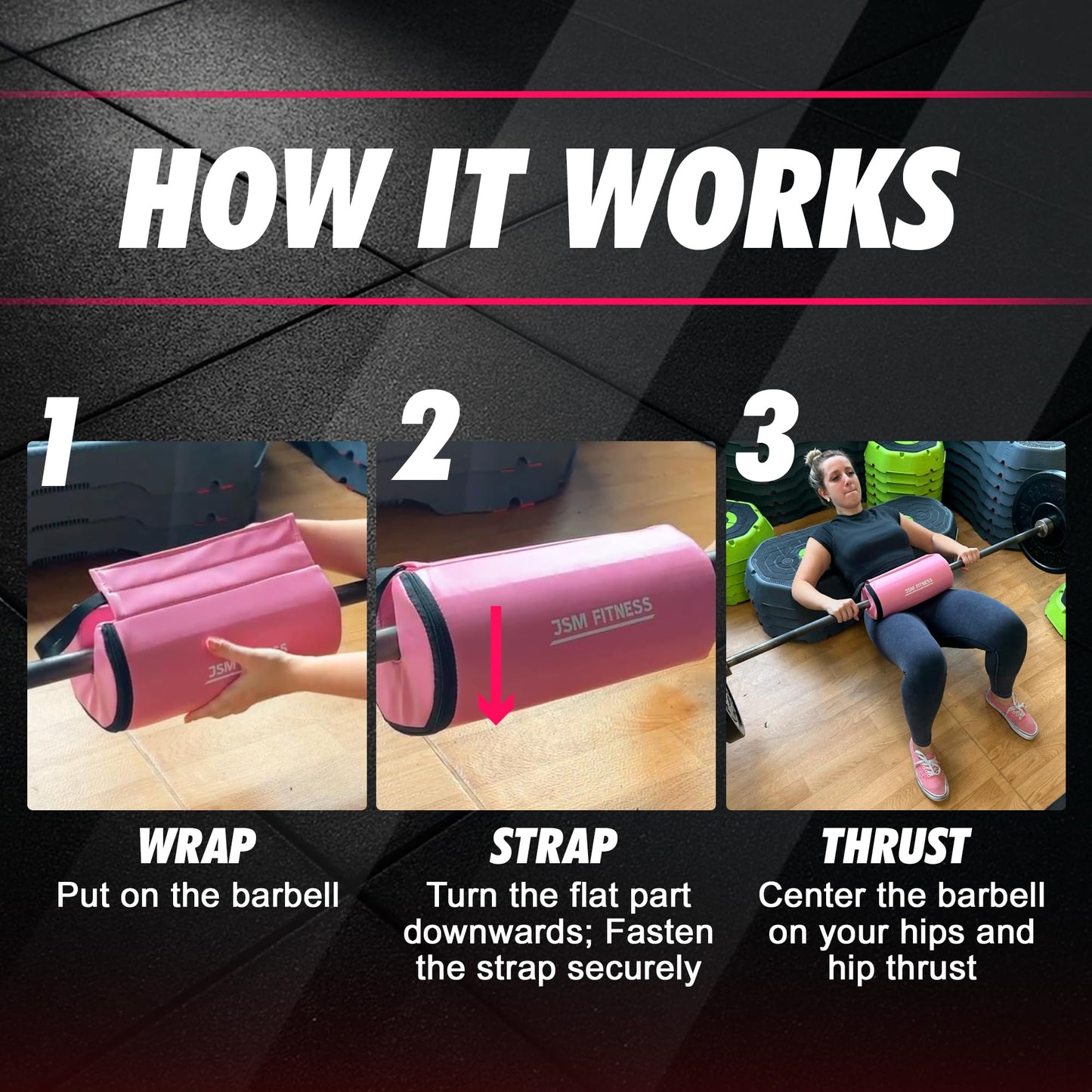 JSM FITNESS Hip Thrust Barbell Pad - Hip Thrust Pad Extra Thick for Glute Exercises, Bar Cushion for Glute Bridges, Bench Press, Workout, Gym Accessory for Women and Men (Pink)