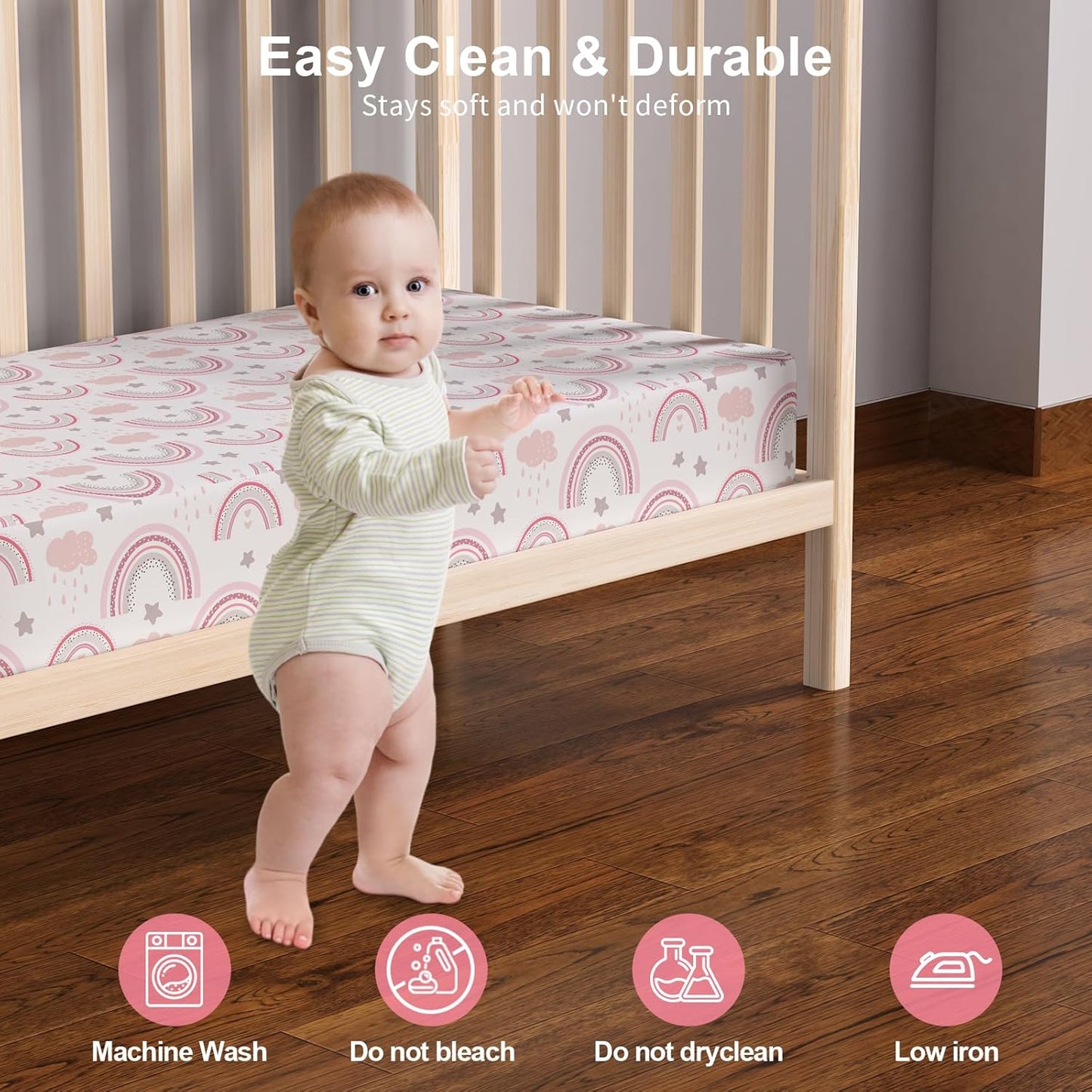 Skiennix Baby Crib Sheets - Soft Microfiber 2-Pack for Standard Crib Mattress | Pink Rainbow & Pink 28x52x8in