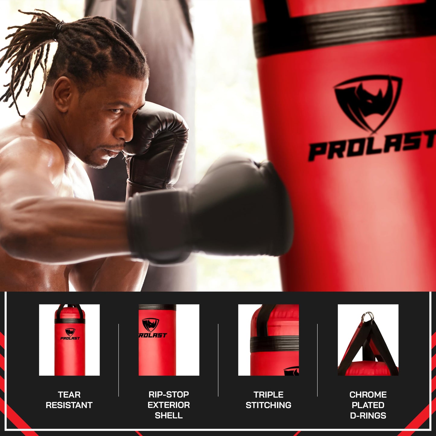 PROLAST Heavy Punching Kicking Bag for Adults, Boxing, MMA, Martial Arts, Muay Thai, Strength Training Equipment, Filled, 6ft, 150 lbs, Rhino Logo, Red and Black