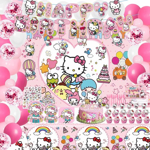 Kids Birthday Party Decorations Set - Pink Cartoon Theme Party Supplies (Includes Banner, Foil Balloons, Printed Balloons, Tablecloth, Tableware, Napkins)