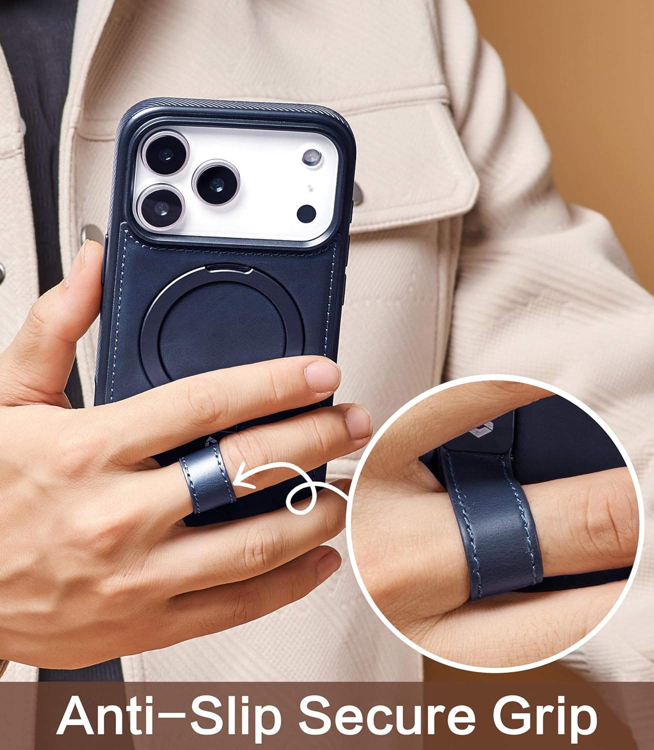 Butaiga 17 17 for iPhone Pro Max Leather Case with Stand, Anti-Slip Grip Ring, Fits for MagSafe (Blue, iPhone Pro Max)