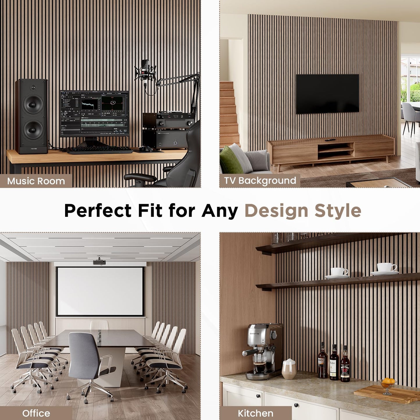 Smartstandard Wood Slat Acoustic Panels, 106" x 12.6" Each Soundpoof Wooden Slat Wall Panel - Walnut, 4 Pack