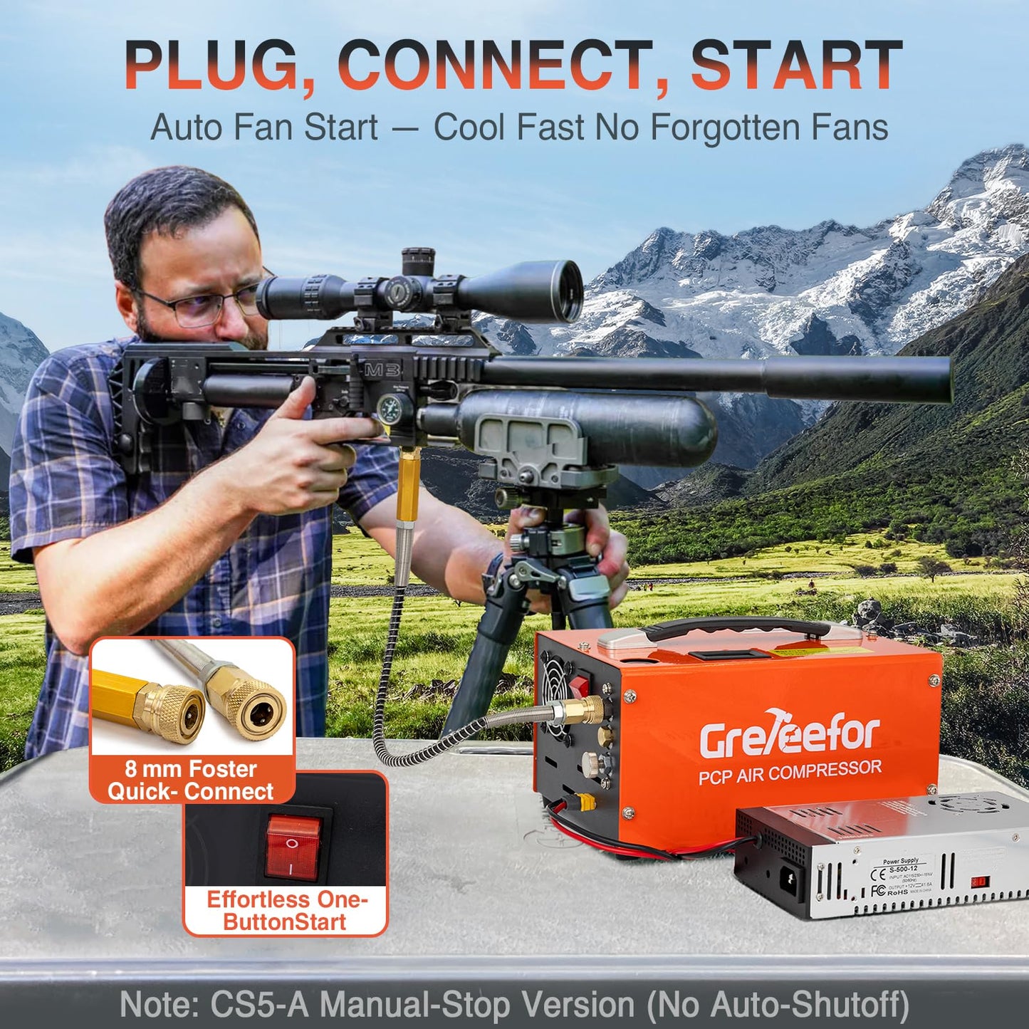 PCP Air Compressor, 4500 PSI / 30 MPa, Dual Power Car 12V DC or Home 110V/220V AC, Retractable Handle, Water/Oil-Free for Paintball/PCP Rifle/HPA Tank, Manual Stop, 250W, Orange