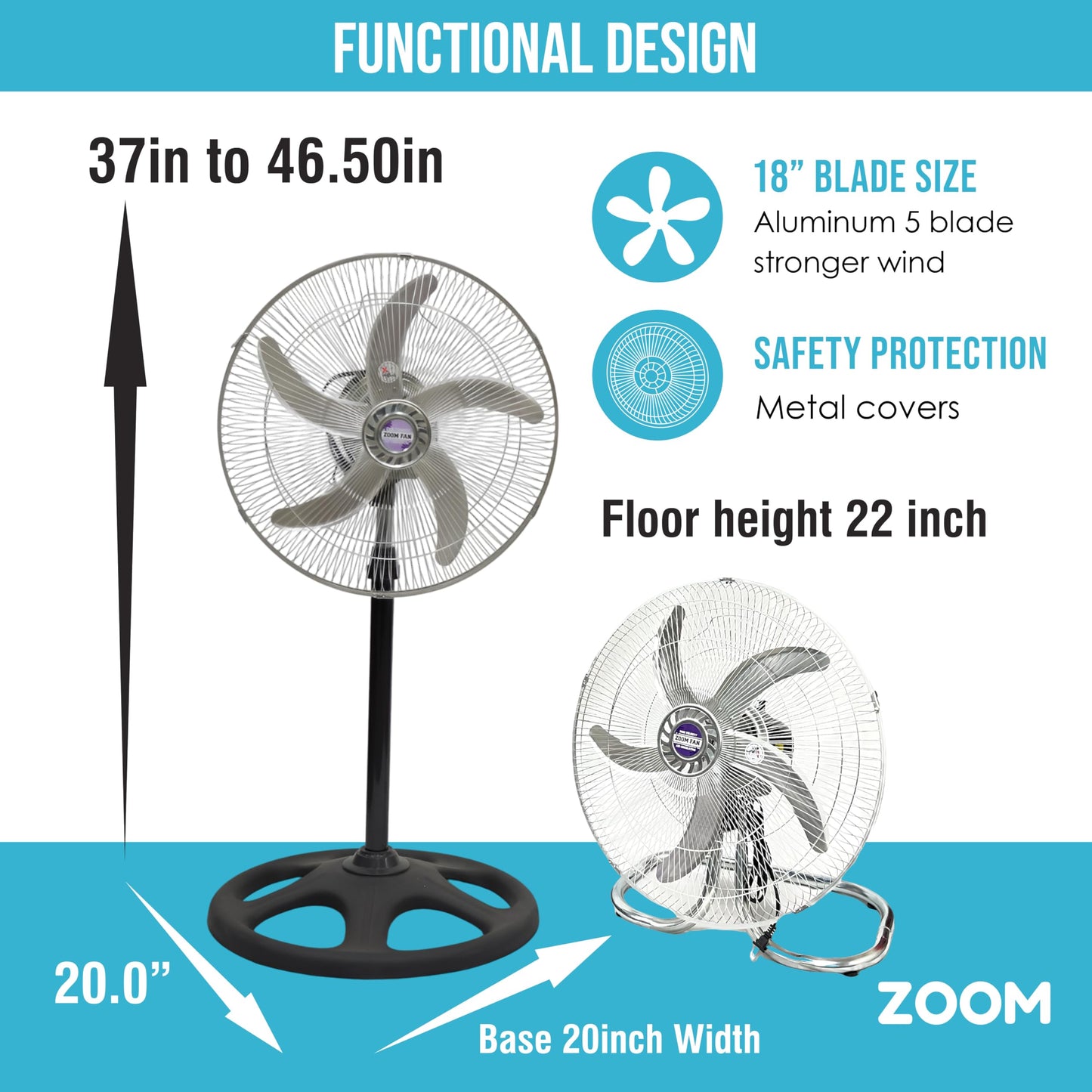 ZOOM 2 Packs 3850CFM 18inch 2in1 Modern Industrial Floor and Stand Fans Aluminum Blades 3 Speeds Oscillation Adjustable Heights for Livingroom, Dining Room, Bedroom, Dorms, Garage and Kitchen