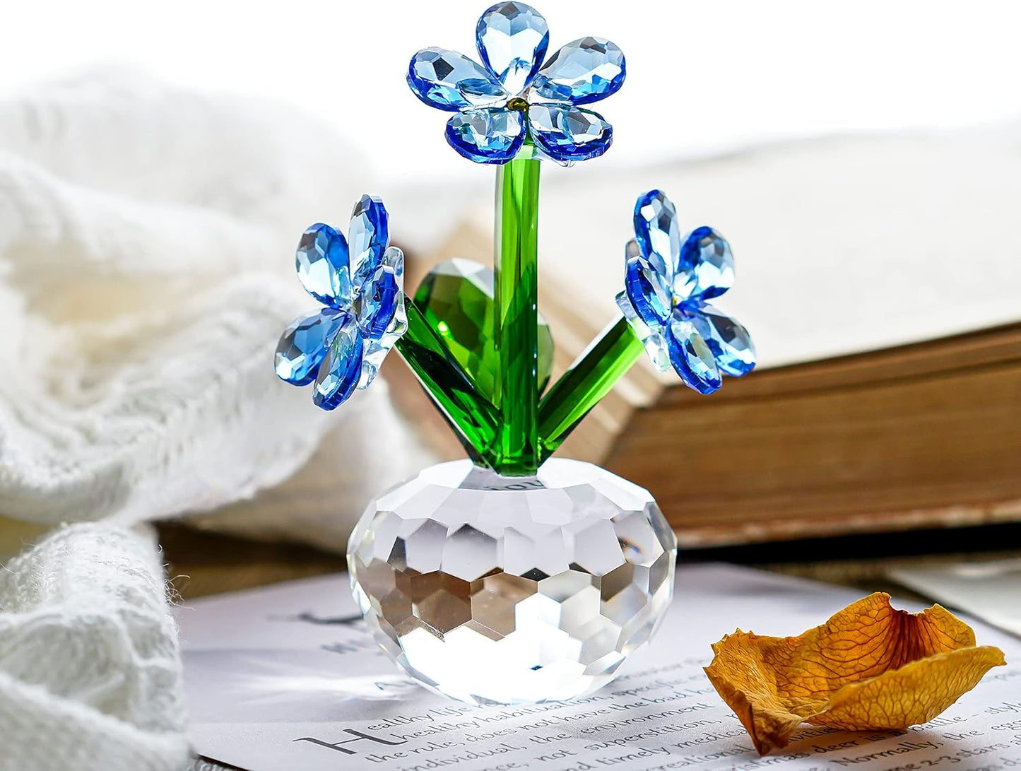 QFkris Crystal Flower Figurines - Forget-Me-Not Blue Flowers | Elegant Table Decor & Souvenir Gift