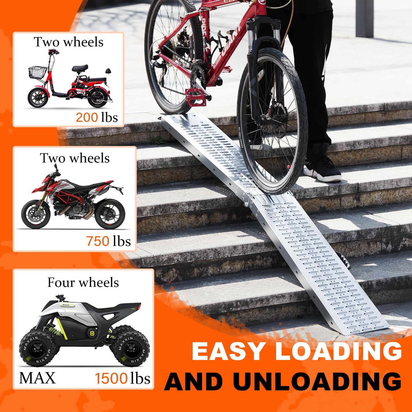 Arejonner 72.5" Heavy Duty Folding Loading Ramps, 1500lb Capacity, Ideal for Motorcycles, Lawn Mowers, ATVs, UTVs, and More – Pack of 2 with Safety Straps and Gloves