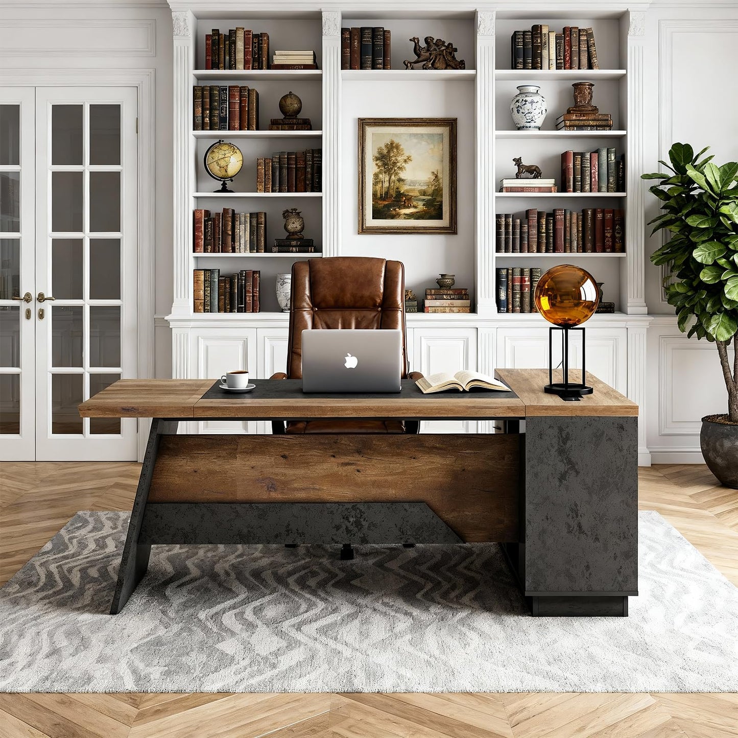 ONNAHOMEStlyle 78.74 Inch L Shaped Office Desk with Drawers & Built-in Power Access, Large Executive Workstation with Storage Cabinet, Modern Wooden Desk for Business or Home Office (claybank, Left)