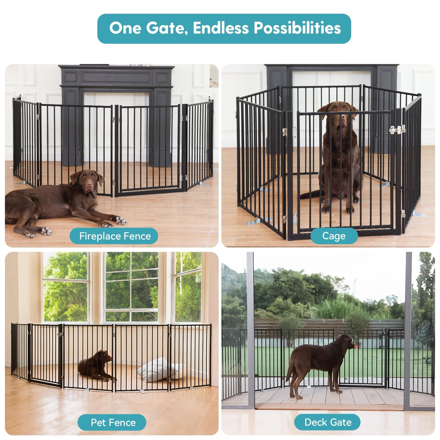 No Pawblems Free Standing Dog Gate with Door, 30'' Tall Foldable Dog Fence for Indoor & Outdoor, Up to 156 Inch Extra Wide Pet Gate for Yard, Deck, Doorways, Stairs, Hallways (Black, 6 Panels)
