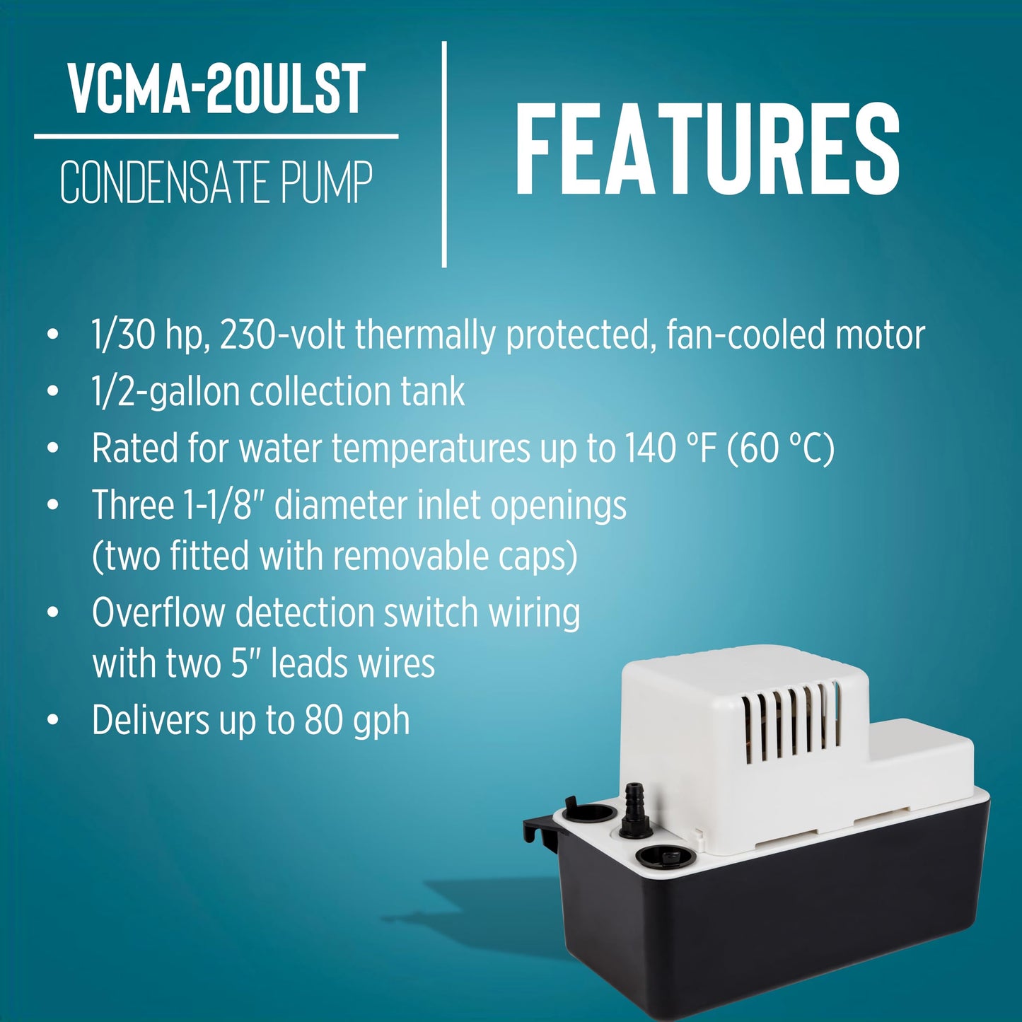 Little Giant VCMA-20ULST 230 Volt, 80 GPH, 1/30 HP Automatic Condensate Removal Pump for HVAC/Refrigeration Systems/Dehumidifiers with Overflow Detection Switch and 20-Foot Tubing, White/Black, 554461