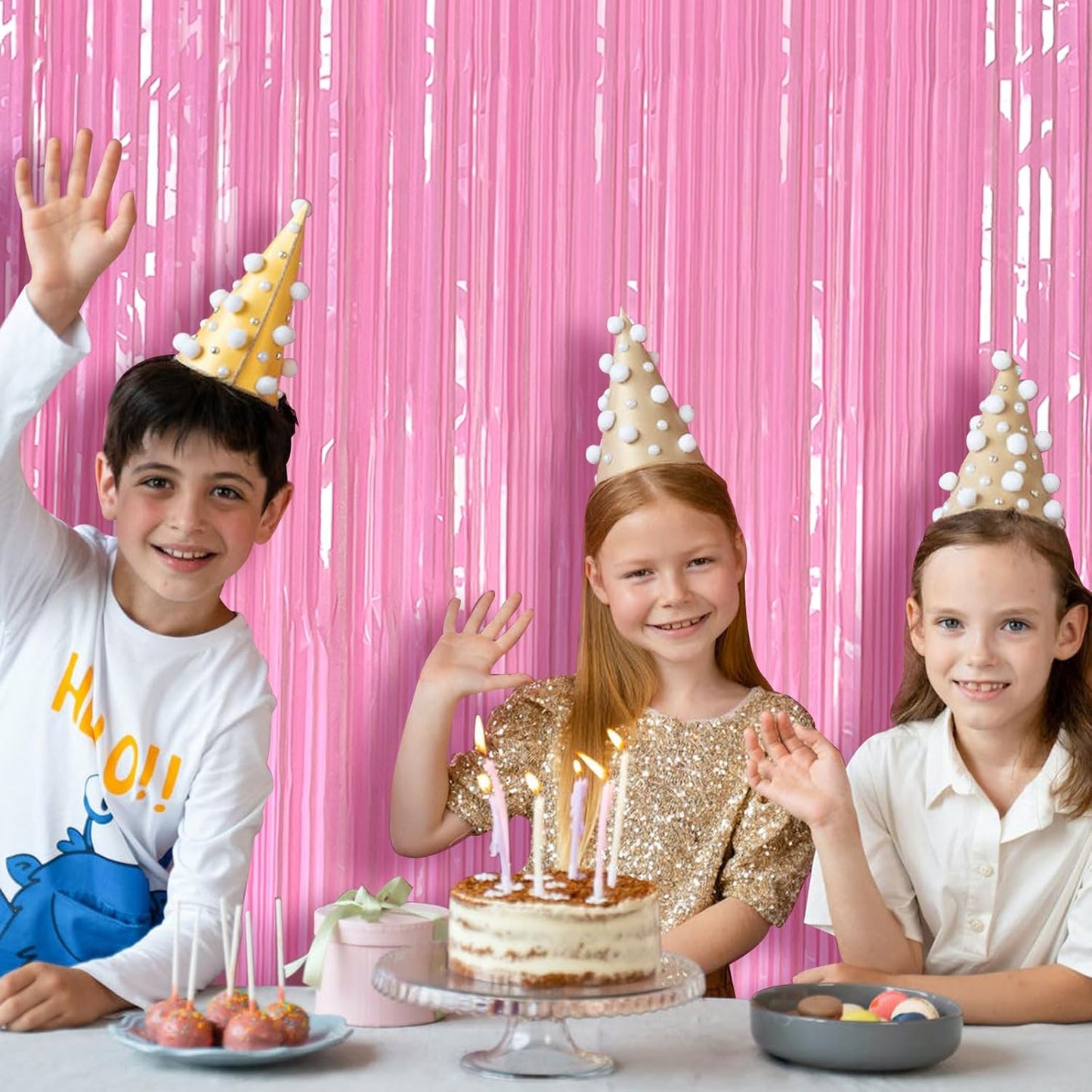 Skiennix Pastel Pink Foil Fringe Backdrop Curtains - Perfect for Birthday & Bridal Shower Decorations