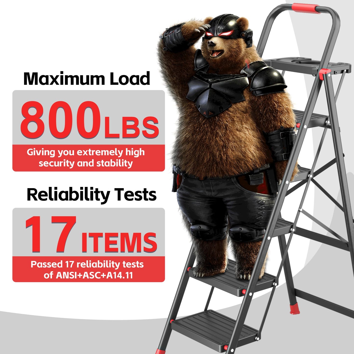 DIAMONDFORGE 5 Step Foldable Ladder with Multifunctional Tool Tray, Iron, Platform Ladders Stepstools, Folding with Non-Slip Pedals, 800 lbs Bearing Capacity for Adults/Home/Kitchen, Black Red