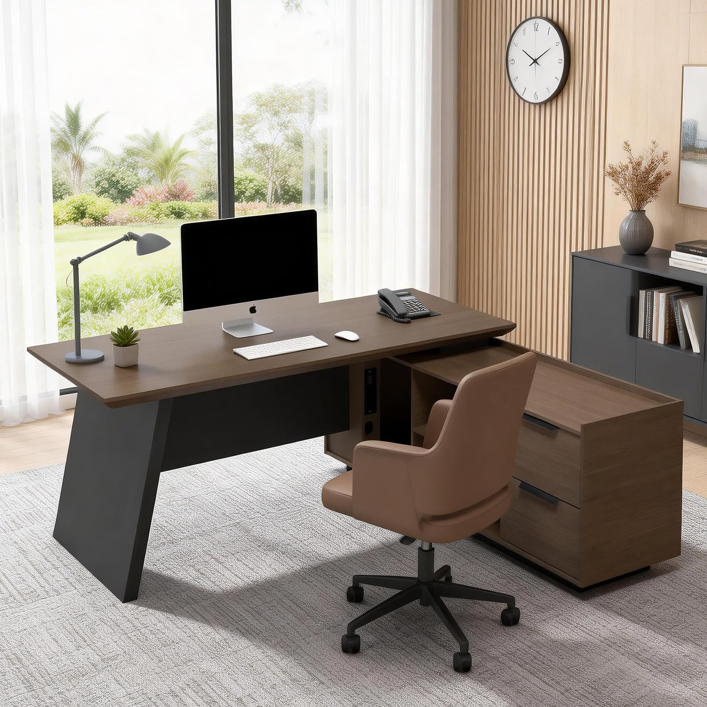 SAINTCY L Shaped Executive Office Desk with Power Hub, Large Office Desk with Storage Cabinet & Printer Station, 35.4" Deep Home Office Desk Workstation, 70.9" or 78.7" Workstation (Right)