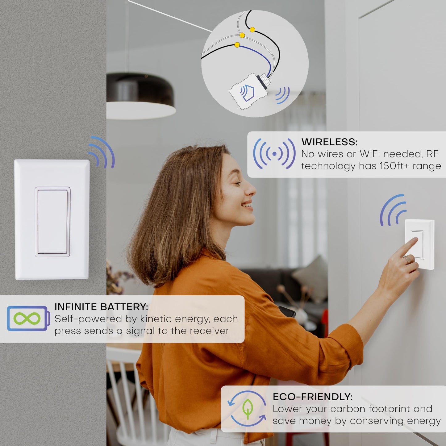 RunLessWire 3-Way Self-Powered Wireless Light Switch & Receiver Kit, No Wires, Batteries or WiFi Needed for DIY Home Electrical, 2 Remote Switches & 1 5amp Relay - White