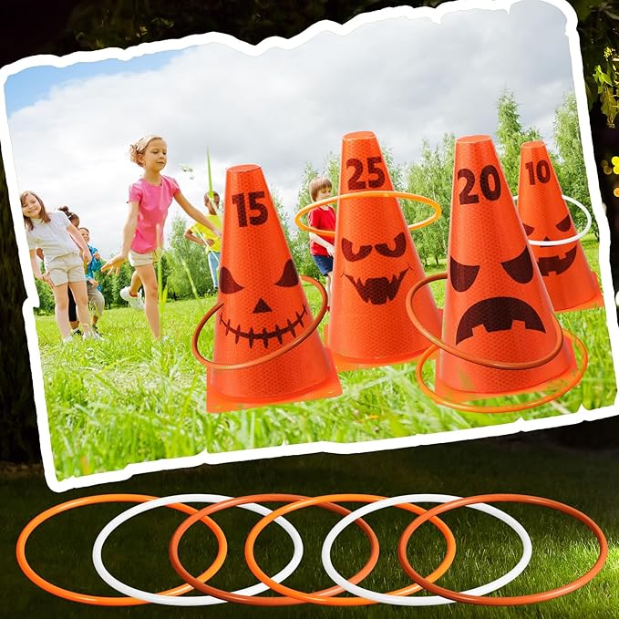 Leitee 6 Sets Candy Corn Ring Toss Game Plastic Cones Ring Toss Combo Set Mini Traffic Cones Toss Game for Sports Training Garden Backyard Outdoor Activities