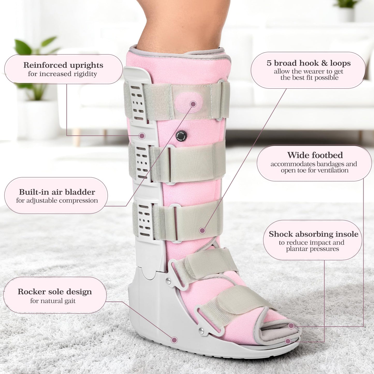 Jewlri Tall Walking Boot for Broken Foot, Air Cam Walker Boot for Foot Injury, Sprained Ankle, Fracture Recovery, Grey Shell with Light Pink Lining Women Medium