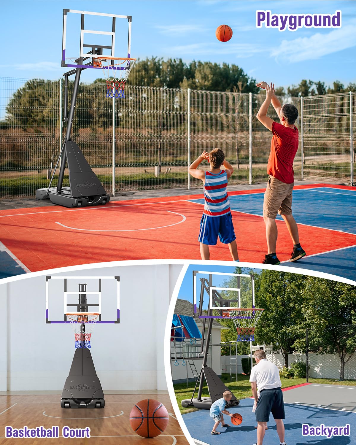 TONBUX Basketball Hoop Outdoor 44 Inch Shatterproof PC Backboard, 5.25-10FT Stepless Adjustable Height, Portable Basketball Hoop for Kids/Teens/Adults in Backyard, Driveway and Indoor