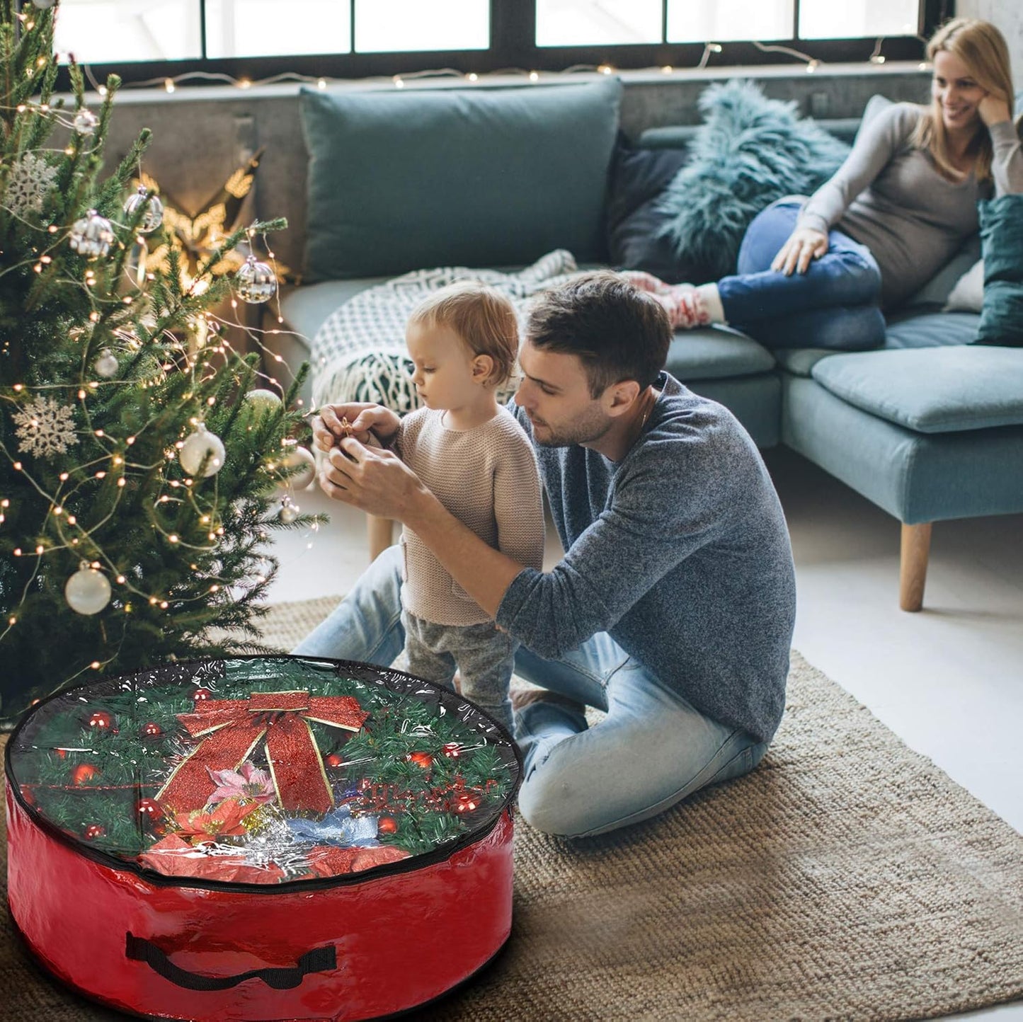 Propik Christmas Wreath Storage Bag - Tear Resistant Holiday Container with Clear Window | 30" X 30" X 8" (Red)