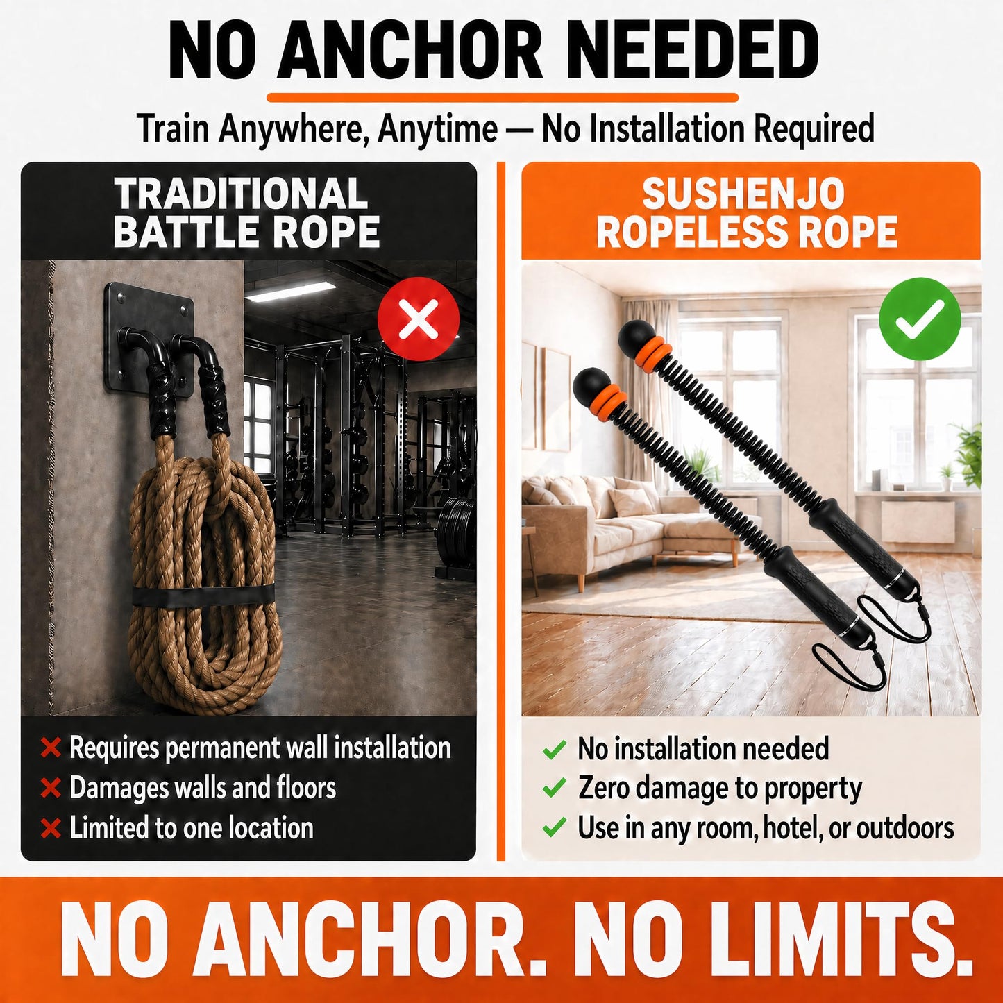 Ropeless Battle Ropes 2-Pack, Cordless Weighted Battle Rope with Adjustable Resistance, Portable Home Gym Workout Equipment for HIIT & Strength Training, Men & Women
